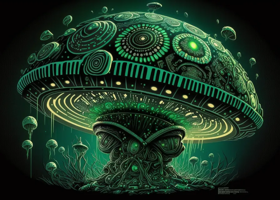 green and black psychadelic mushroom with aztec and mayan symbols circling around it, alex grey art style, cyberpunk concept art by josan gonzales and moebius and enki bilal and and dan mumford and jean claude meziere and Gerald brom, futuristic illumination, Art Deco, Full colors, Greg rutkowski, Trending artstation, cinematográfic