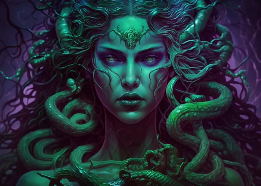 a woman with a snake around her neck. organism, art, cg artwork, illustration, electric blue, darkness, symmetry, graphics, visual arts, magenta