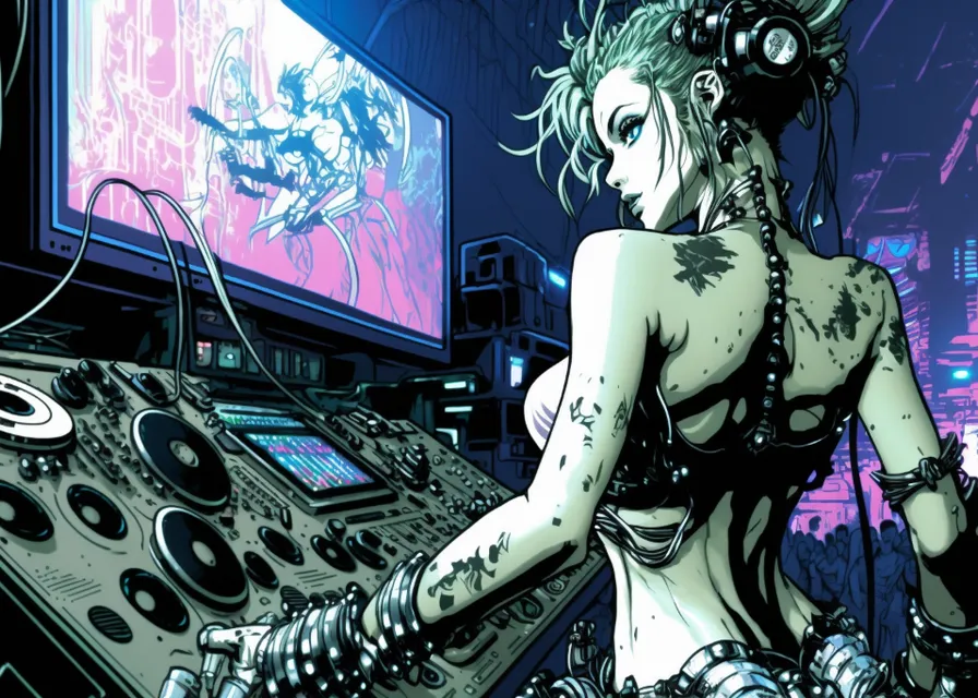 Vintage 90's anime style environmental wide shot of a chaotic cyberpunk music festival at night:: cyberpunk male djing on stage with technic 1200 turntables:: by hajime sorayama, greg tocchini, virgil finlay, sci-fi. line art. rave art, plur, crisp focus, hd, 4k