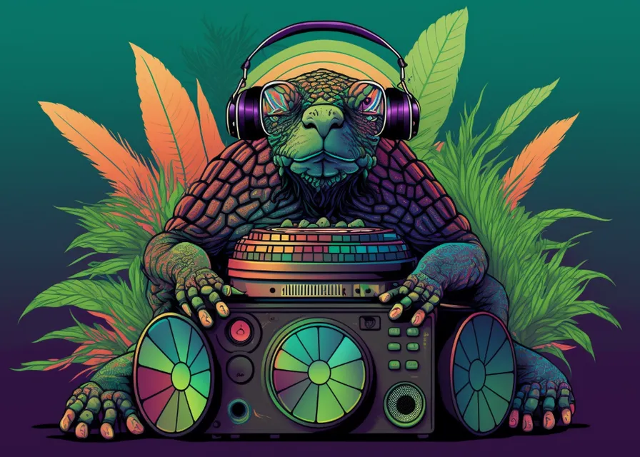 a turtle with headphones sitting on top of a boombox. vertebrate, green, nature, mammal, organism, art, terrestrial plant, illustration, graphics, font