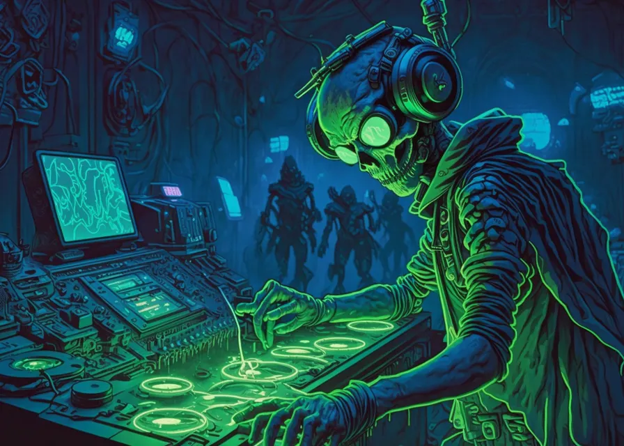 a skeleton dj mixing in a dark room. cartoon, art, electric blue, space, fictional character, cg artwork, illustration, drawing, fiction, visual arts