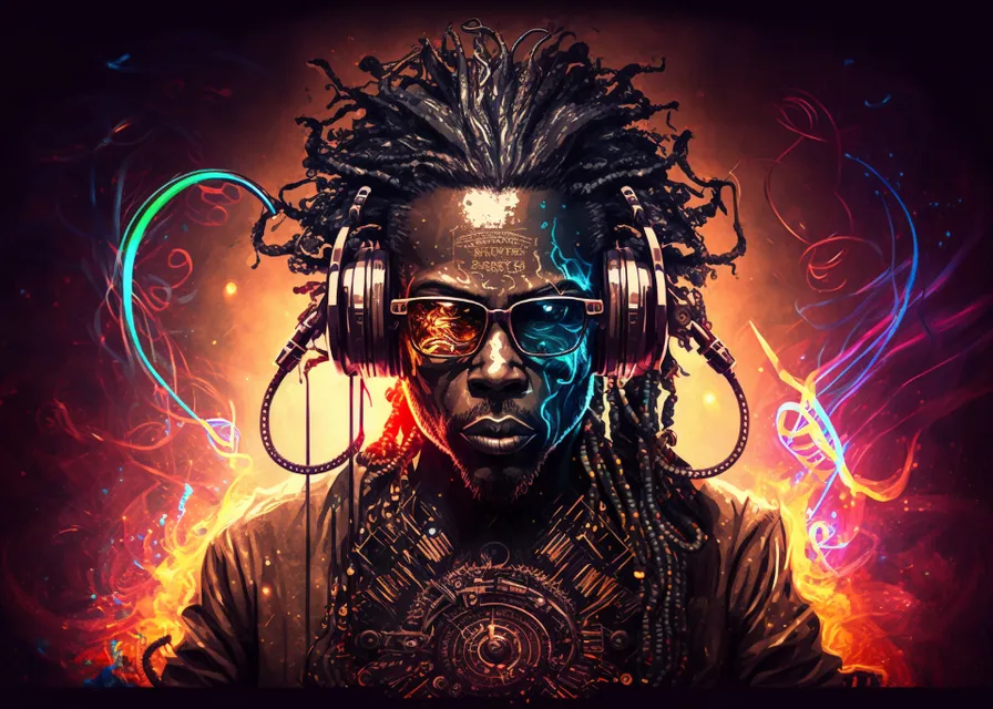 mysterious black and dark purple psychedelic chibi cyberpunk african dj with dreadlocks:: smoking a cigar:: playing records with turntables:: alex grey art:: trending on 99designs, high quality, svg, symmetry