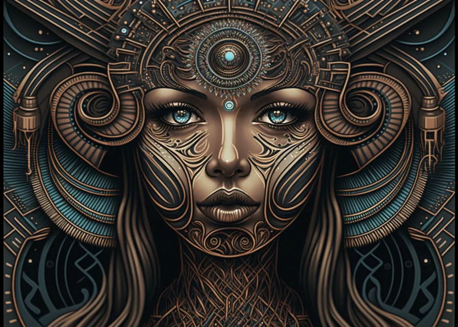 a woman's face with an intricate pattern on it. art, symmetry, wood, pattern, illustration, font, visual arts, fictional character, metal, circle