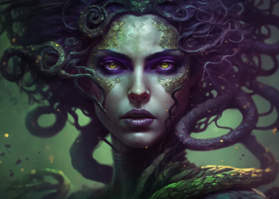 a painting of a woman with a snake around her neck. eyelash, purple, organism, art, cg artwork, flash photography, fictional character, darkness, illustration, magenta