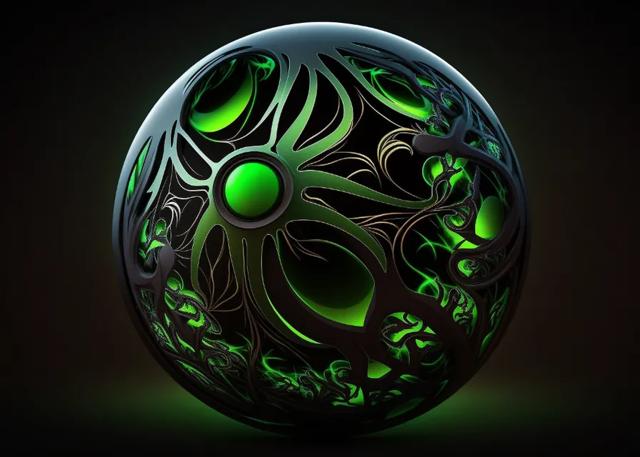 a green and black ball with a design on it. eye, art, terrestrial plant, circle, font, astronomical object, gas, science, symmetry, pattern