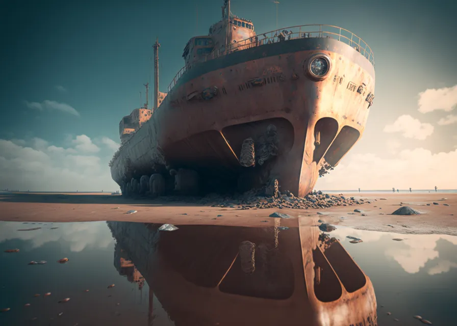 a large ship sitting on top of a sandy beach. water, cloud, sky, boat, vehicle, watercraft, naval architecture, aviation, ship, landscape