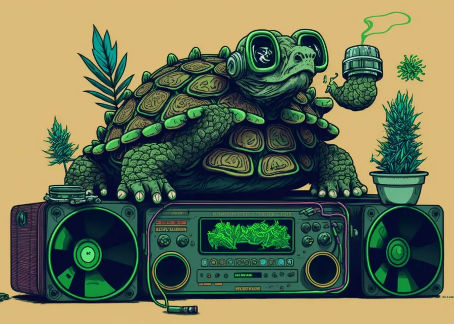 a turtle sitting on top of an electronic boombox - digital art, matte, trending on artstation, svg, green and black colors. turtle smoking a cigar, digital art, matte, trending on artstation, svg, green and black colors