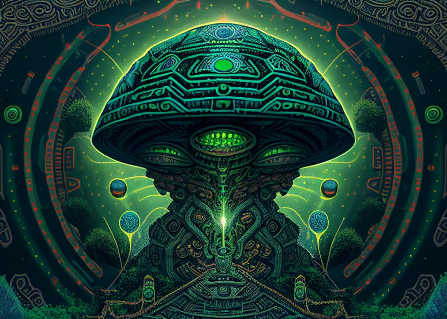 a psychedelic mushroom like object with aztec and mayan symbols circling around it, alex grey art style, cyberpunk concept art by josan gonzales and moebius and enki bilal and and dan mumford and jean claude meziere and Gerald brom, futuristic illumination, Art Deco, Full colors, Greg rutkowski, Trending. green and black psychadelic mushroom with aztec and mayan symbols circling around it, alex grey art style, cyberpunk concept art by josan gonzales and moebius and enki bilal and and dan mumford and jean claude meziere and Gerald brom, futuristic illumination, Art Deco, Full colors, Greg rutkowski, Trending artstation, cinematográfic