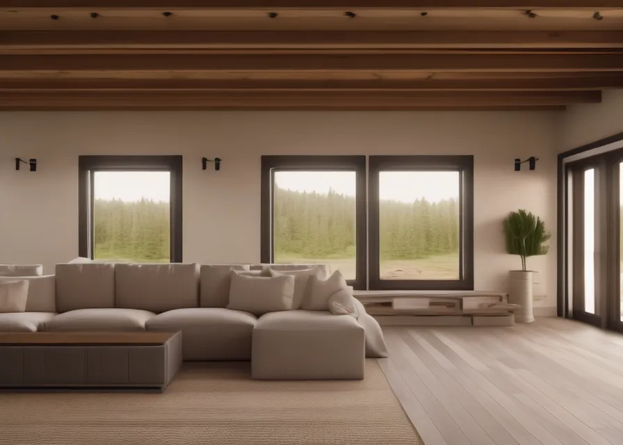 a living room filled with furniture and large windows