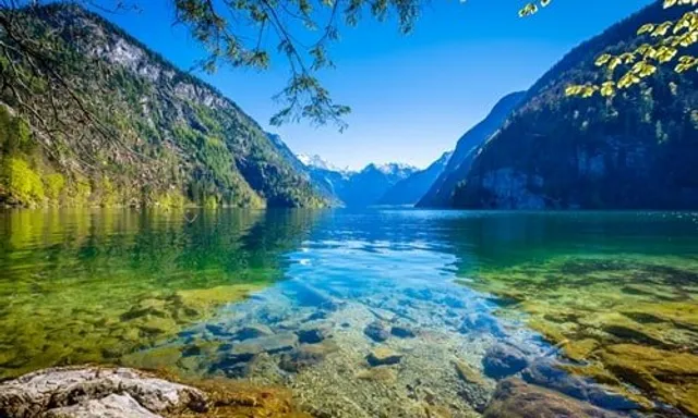 a body of water surrounded by mountains and trees. River water in background. by Phil Koch. make the body of water a river.