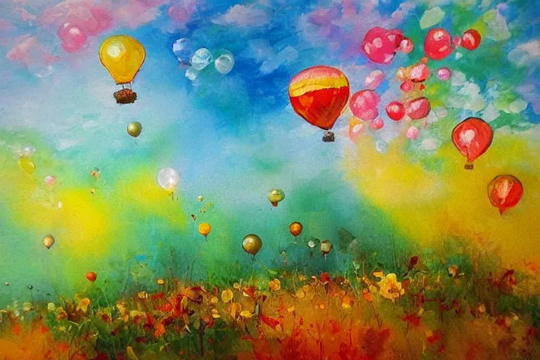 a painting of hot air balloons in the sky