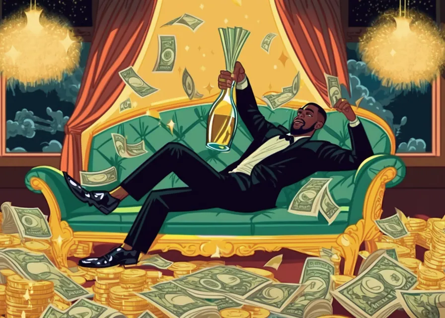 a man in a tuxedo is sitting on a couch surrounded by money