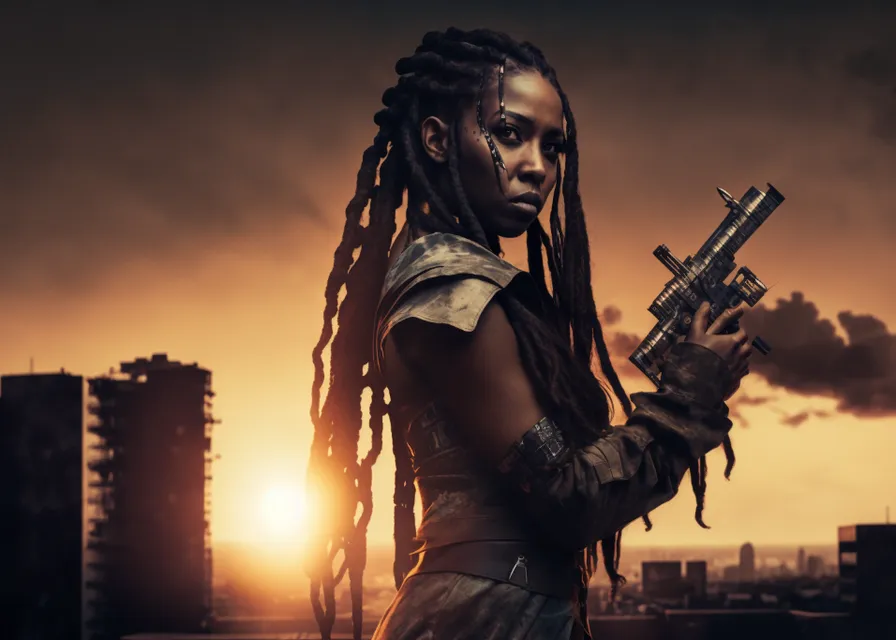 a woman with dreadlocks holding a gun