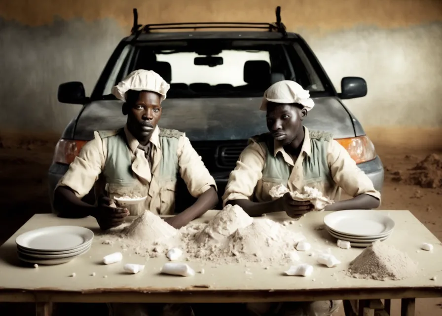 valet drivers sitting at a table with a pile of car keys and bags of flour with flour spilling everywhere, depicting a comedic and lighthearted environment. The African valets should be dressed in silly costumes, and the car keys should be for absurd vehicles. The table should be decorated with party hats, balloons, and other humorous items. The lighting should be bright and cheerful, creating a sense of fun and humor. Style: Pop art. It should be rendered in bold, bright colors, with a focus on creating a playful and humorous environment. The lines should be bold and graphic, with flat colors and cartoonish effects. --ar 3:2 --v 4 --q 2 - Upscaled by