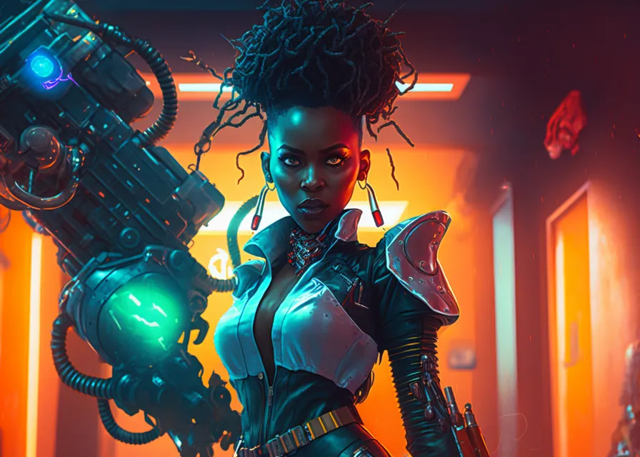 african woman holding a sci fi weapon that glows neon green