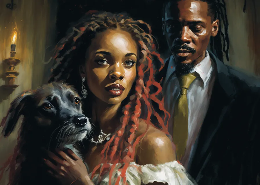 a painting of a woman and a man holding a dog