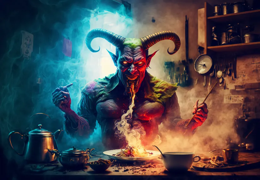 a demonic demon is cooking in a kitchen