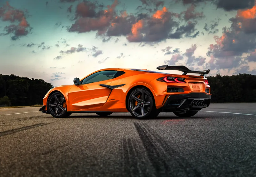 an orange sports car parked on the side of the road, with ghostly fog in the background. Change the car to a ghost, and add some spooky fog.