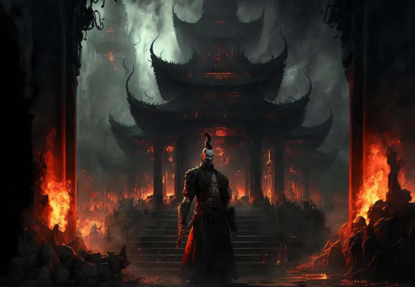 Dramatic silhouetting in a fire filled building. the man is wearing a coat and the fire is behind him, dramatically silhouetting him