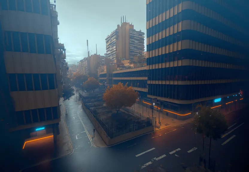 a view of a city street with tall buildings