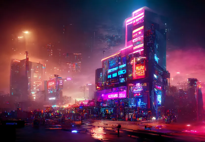 a futuristic city at night with neon lights