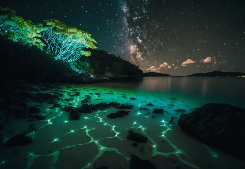 the night sky is filled with stars above a body of water