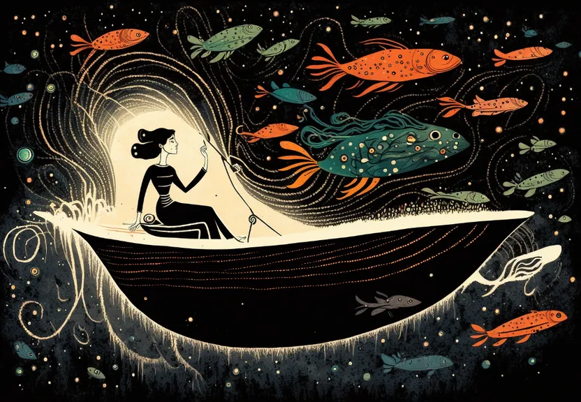 a painting of a woman in a boat surrounded by fish