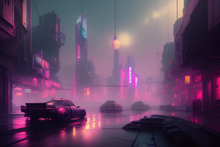 a futuristic city at night with neon lights