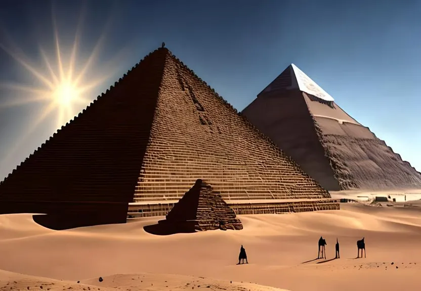 a group of people standing in front of two pyramids