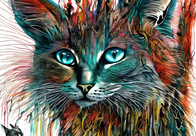 a painting of a cat with blue eyes