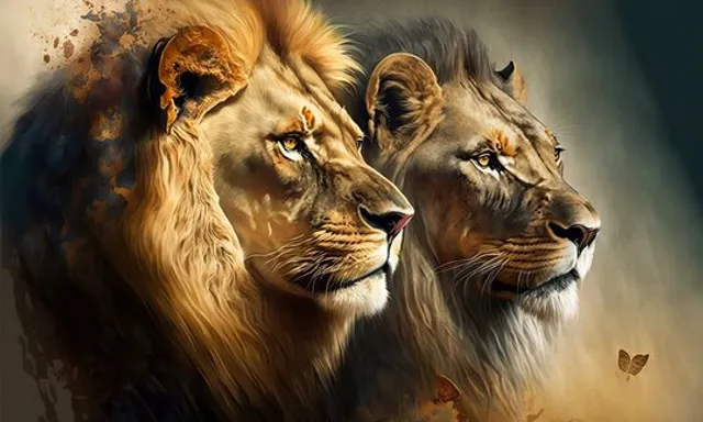 a painting of two lions facing each other