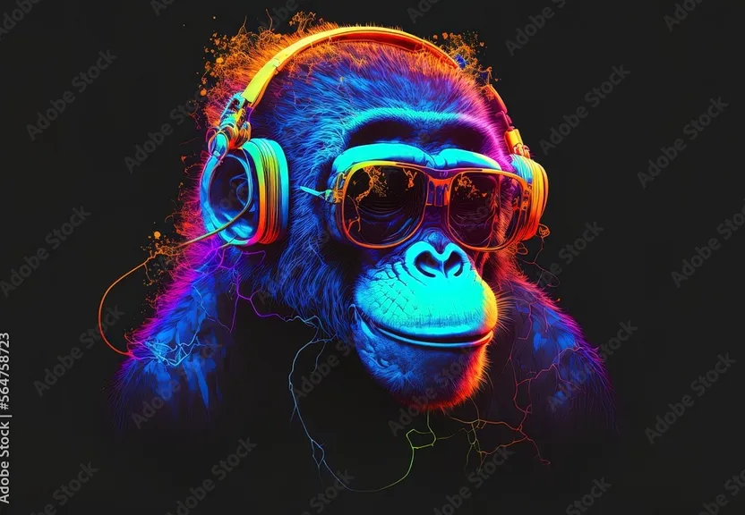 a gorilla wearing sunglasses and listening to music