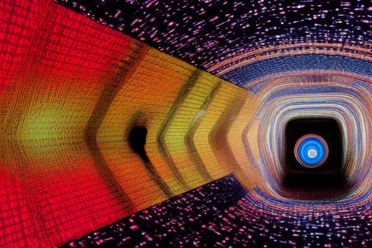 an image of a tunnel with a red, blue, and yellow light