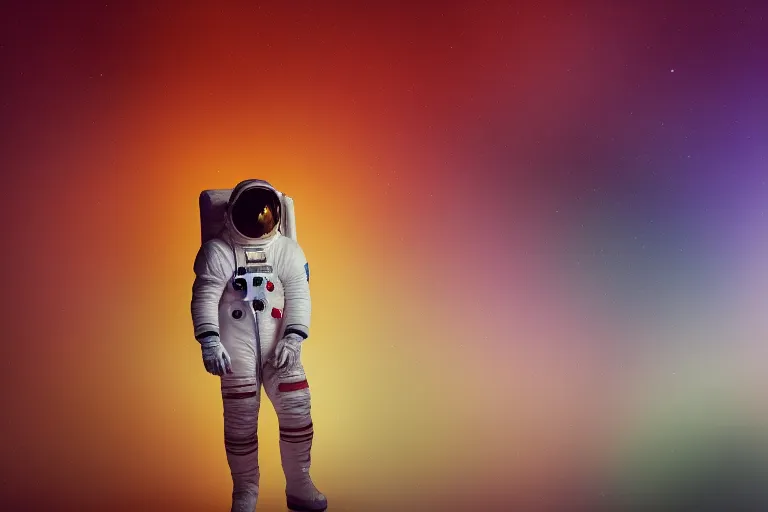 an astronaut standing in front of a colorful background