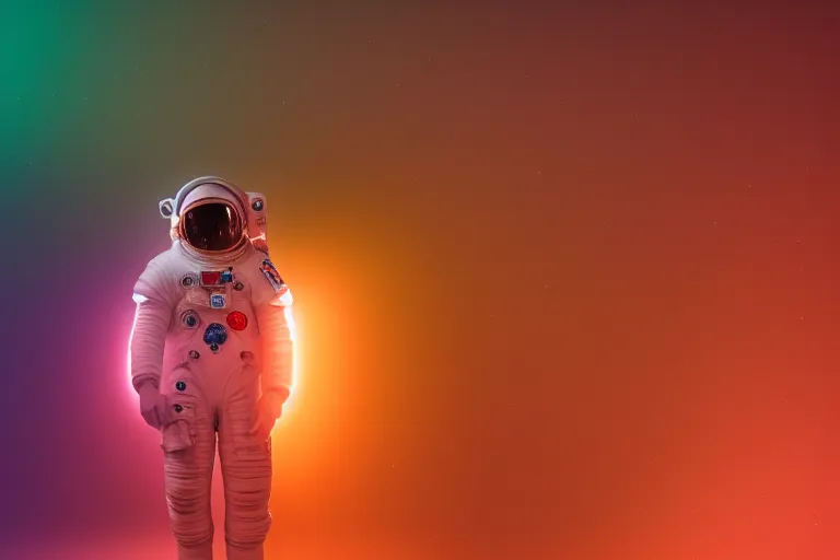 an astronaut standing in front of a colorful background