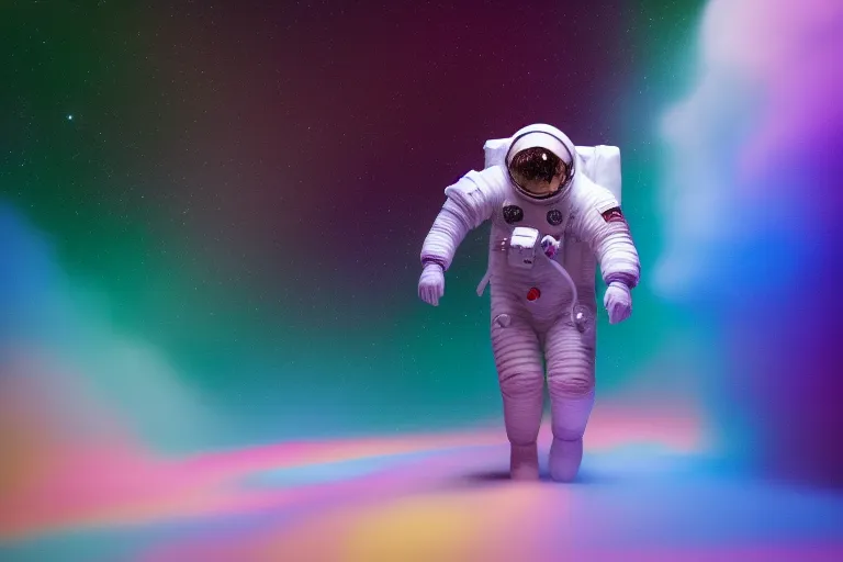 an astronaut standing in front of a colorful background