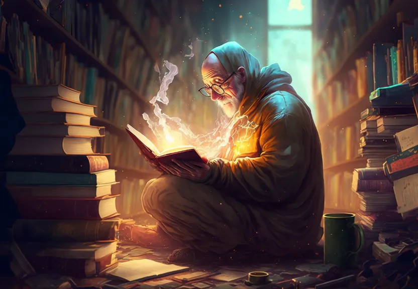 an old man reading a book in a library