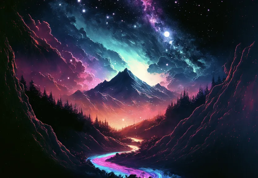 an image of a mountain and a river in the night sky