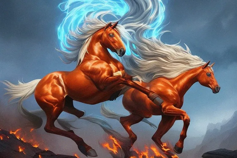 a painting of two horses running in the fire