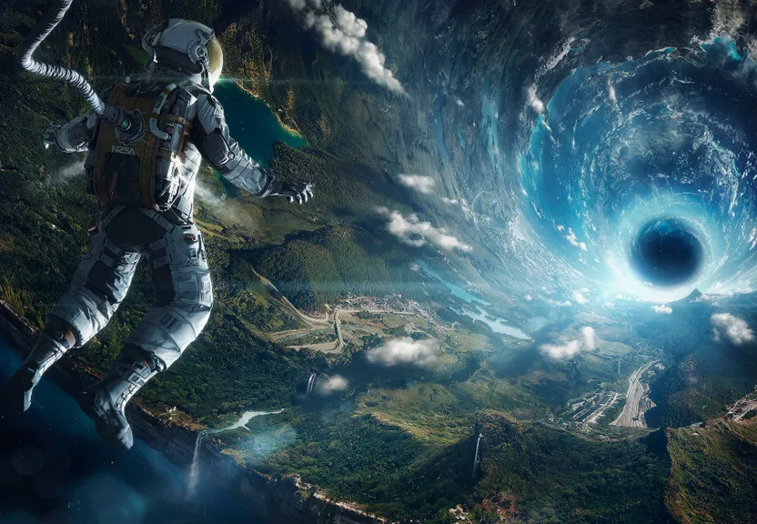 a man in space with a black hole in front of him