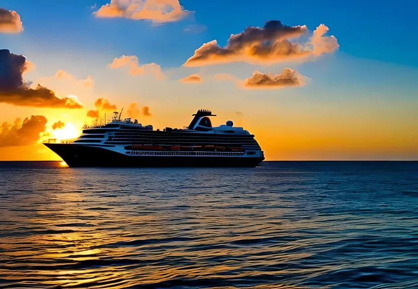 a cruise ship sailing in the ocean at sunset
