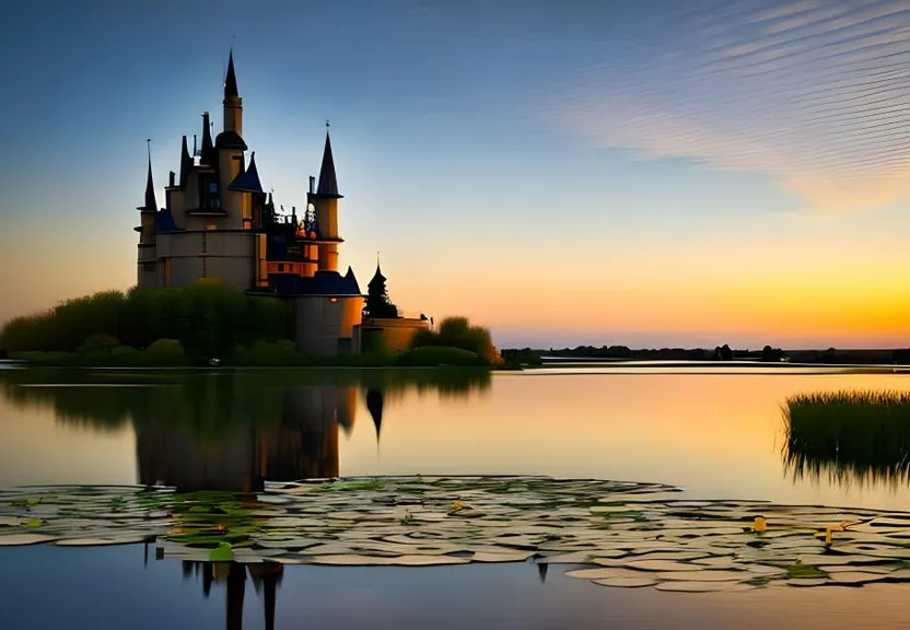 a castle sits on a lake with lily pads in front of it