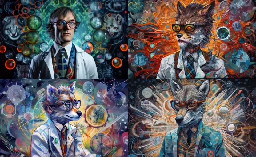 Conceptual portrait of a scientist werewolf with abstract shapes and symbolic elements, An erudite werewolf, wearing a lab coat and glasses, stands amidst a kaleidoscope of abstract shapes and symbols that signify scientific breakthroughs and lunar connections, The environment is a confluence of untamed nature and a state-of-the-art research facility, eliciting a sense of duality, The atmosphere encompasses both the primal and the cerebral, Mysterious, A digital painting that interweaves the realistic features of the werewolf with abstract elements and enigmatic symbolism, producing a visually striking and enigmatic portrait