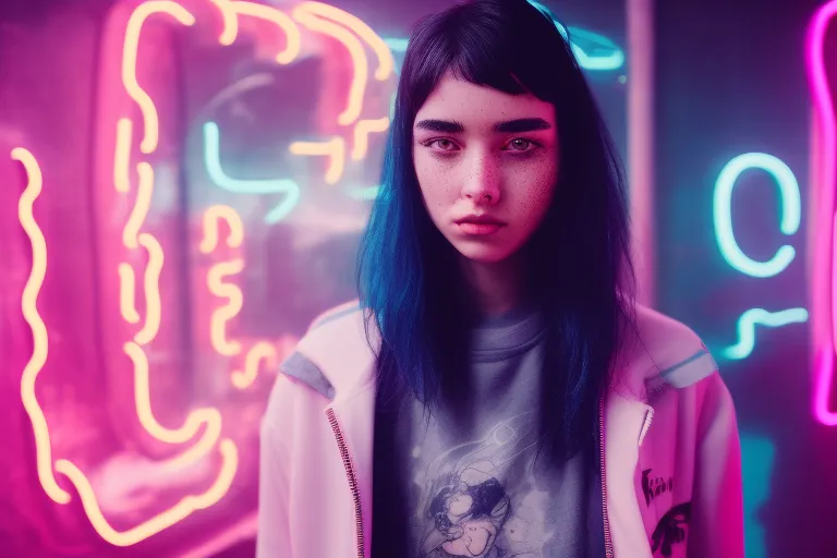 a woman with blue hair standing in front of neon signs