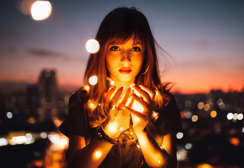 a woman holding her hands together in front of a cityscape