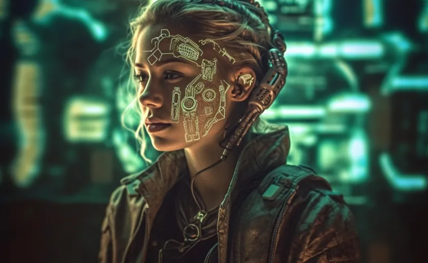 green woman with artificial intelligence, in the style of darkly detailed, realistic details, uhd image, industrial futurism, close-up, city portraits, heavily textured