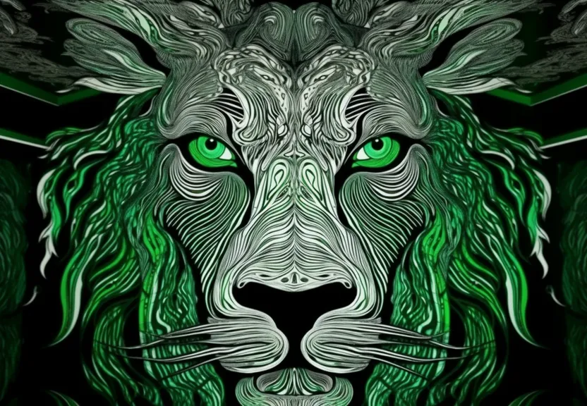 green and black lion in an abstract style art print, in the style of illusory wallpaper portraits, uhd image, don blanding, digital art techniques, serge marshennikov, serene faces, high-contrast shading