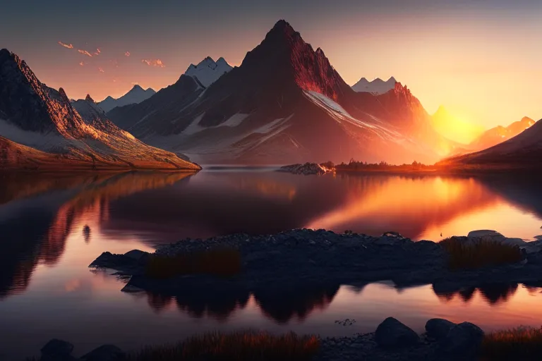 a painting of a mountain lake at sunset