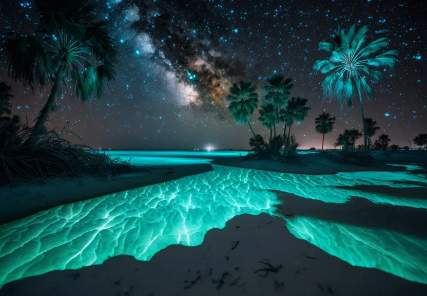 a body of water surrounded by palm trees under a night sky