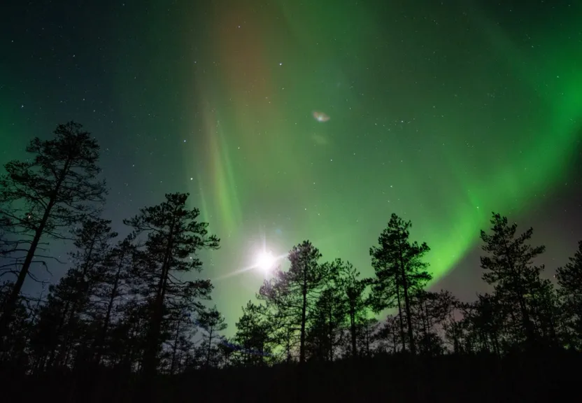 a bright green and purple aurora bore in the night sky